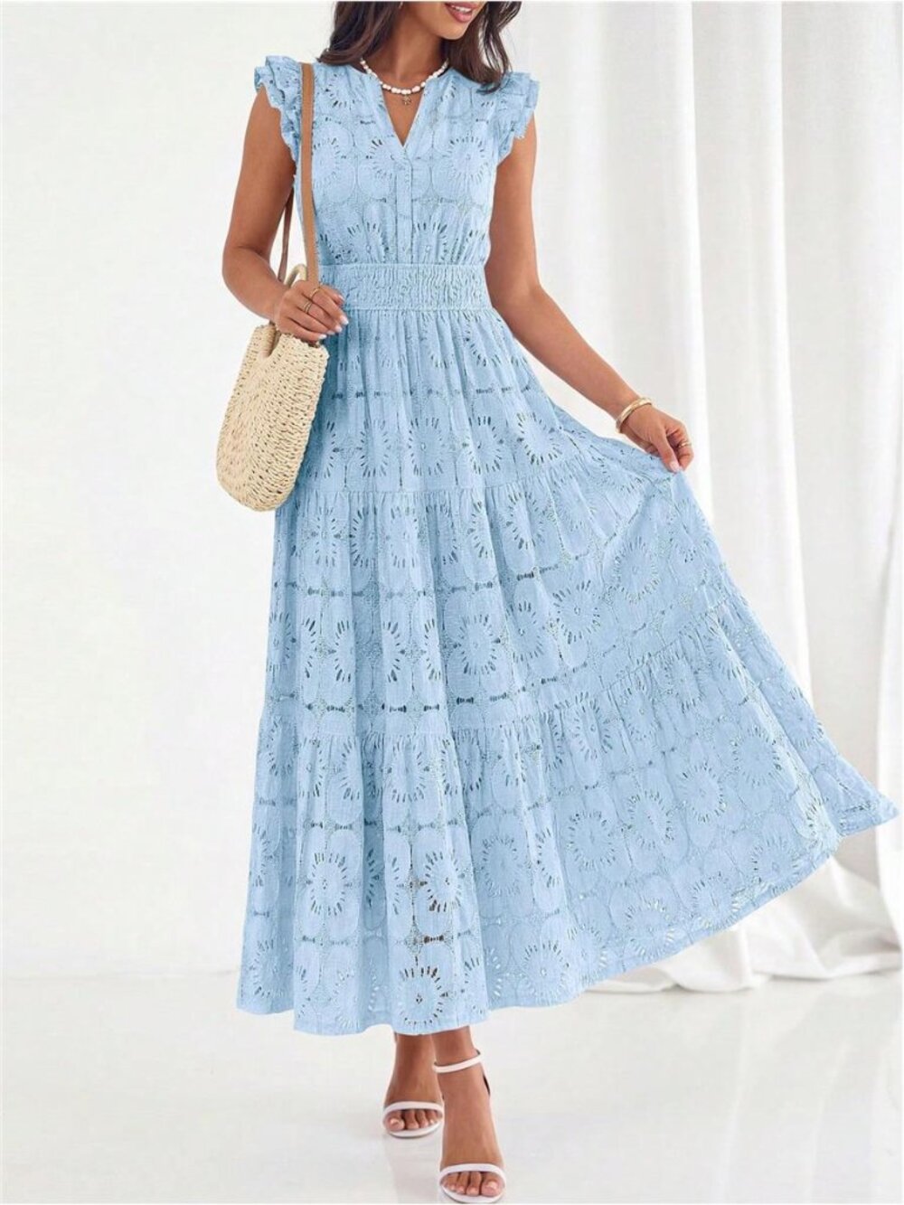 NEW - Light Blue Eyelet Lace Maxi Dress | Boho Wedding Guest & Vacation Dress - Picture 4 of 6